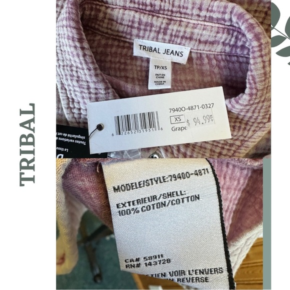Tribal Casual Long Sleeve Button Down Collared Shirt Textured Waffle Grape XS - Picture 8 of 8